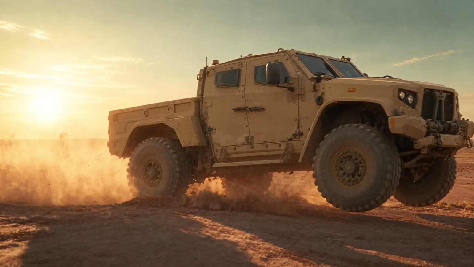 Tactical vehicle landing in a burst of dust, from the DFGD hero film