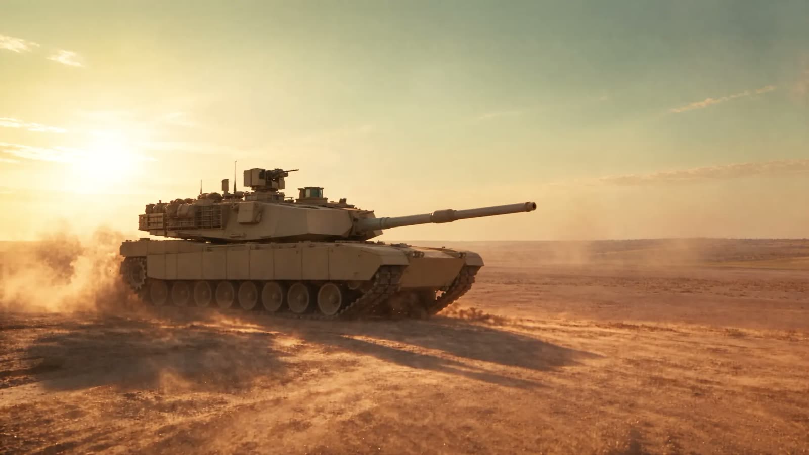 Tank crossing open desert with dust trailing behind it, from the DFGD hero film